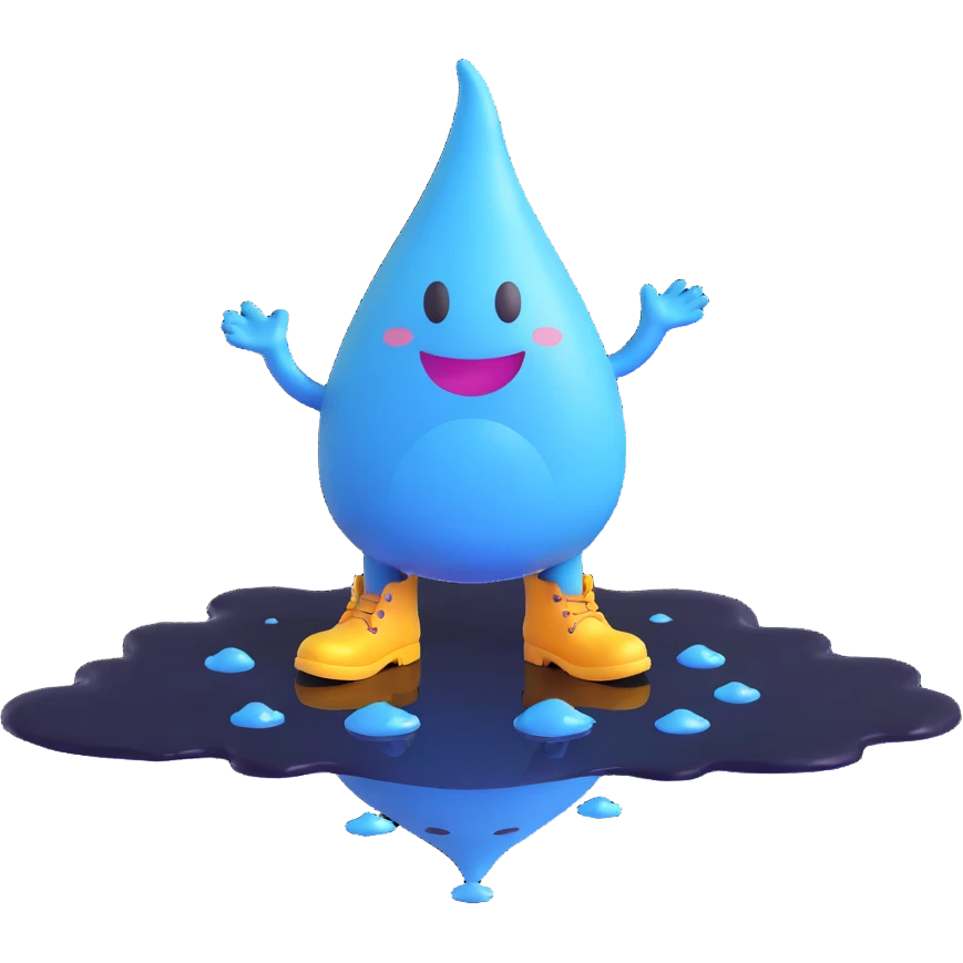 smiling raindrop characters with boots, standing in a puddle, emoji style emoji