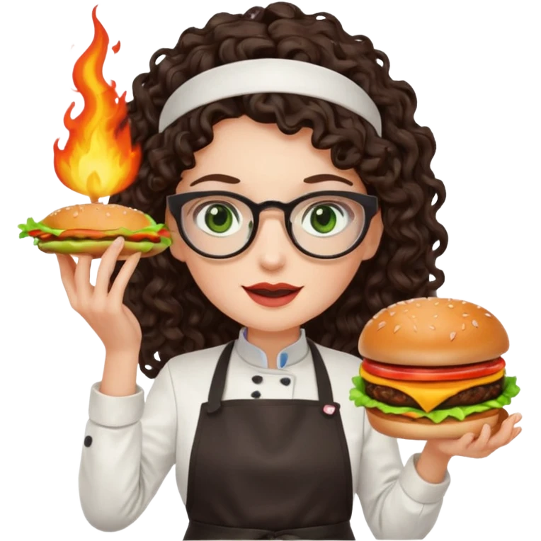 A female chef with glasses, dark brown long curly hair, White skin,Green eyes and setimg a burger on fire emoji