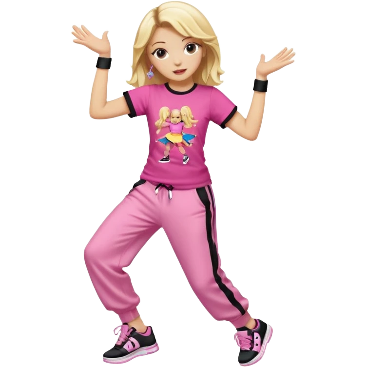 Hiphop dancer, with cute big pants, sneakers, and t-shirt. White girl blond. Coloufull shirt. No pocket pants. Dancing. No orange. Pink and black. No sweatband on the wrist, music box behind her emoji