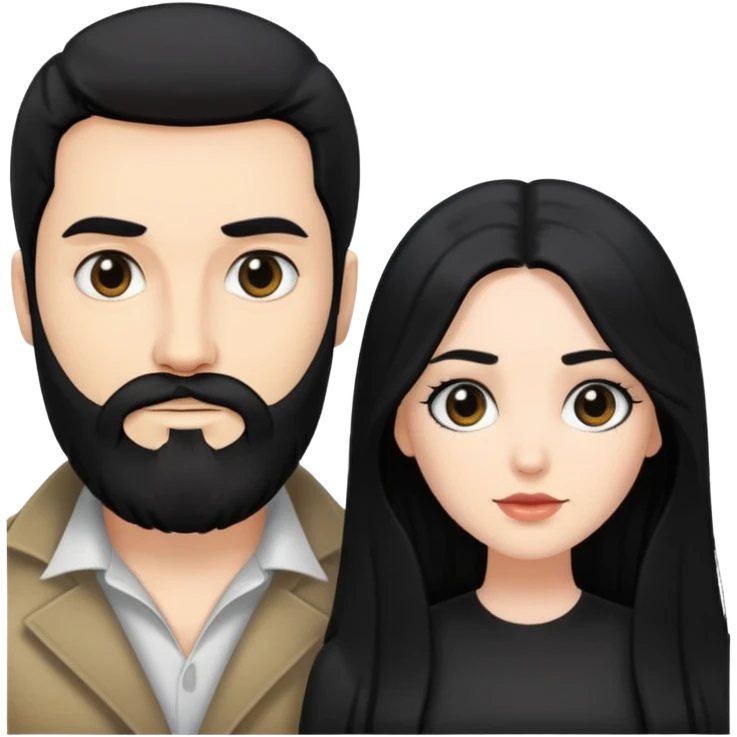 couple of newlyweds, white skin man with black hair and black beard; white skin woman with long black hair and black eyes emoji