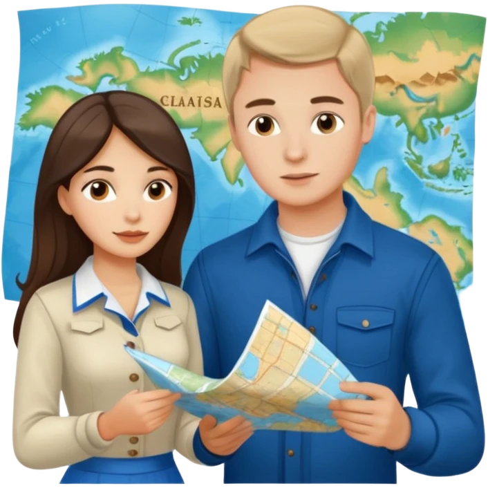 Russian young man and elegant fair-skinned Latina girl in costal outfits with a map planning  emoji