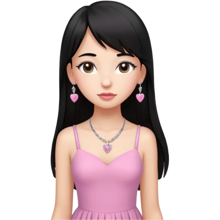 Cabelos pretos longos lisos ,com franja curvada .olhos pretos puxadinho para cima. Cílios longos curvados. Pele clara ,nariz pequeno ,lábios carnudos ,adolescente 16 anos ,vestido rosa de alça, colar de coração prata ,brinco de diamante emoji