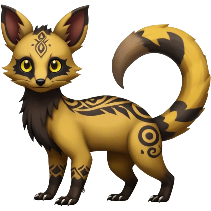 Rare warm-colored exotic cute epic aesthetic gothic colorful Salandit-Eevee-Civet-species-Fakemon-hybrid-creature, with tribal tattoo markings, full body emoji