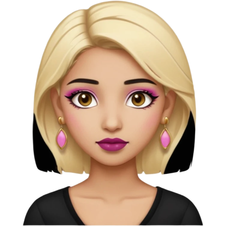 Sweet Indian girl blonde hair darkbrow eyes brown lipstick, pink blush, black top gold earrings, brown eyebrows gold eyeshadow  emoji