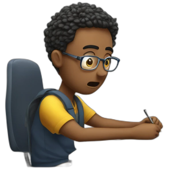 Sitting at his desk Terrified student learning stressed out for exam on desk lots of wires emoji