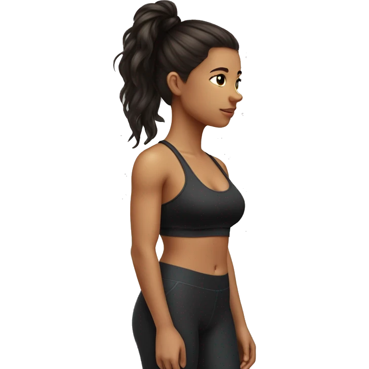 Side view of a brunette girl standing on a bathroom scale, looking down, wearing black leggings and a sports bra, her hair is down emoji