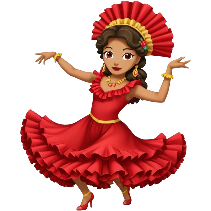 Female Colombian salsa dancer with ruffle dress, traditional Colombian headpiece, mid-dance move emoji