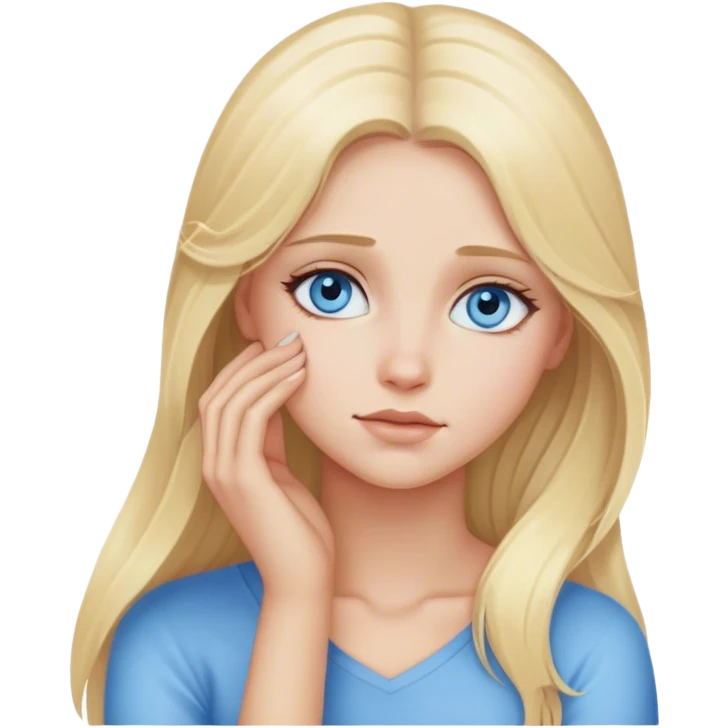 Long blonde haired blue eyed woman with soft gaze head resting on left hand  emoji