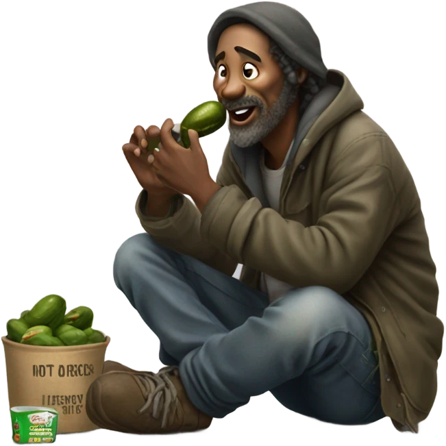 A homeless man eating a pickle emoji