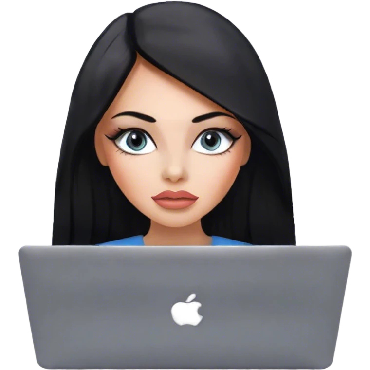 Glamours, tanned, very beautiful girl, with big pump peach-beige-rose lips, eyeliner, long long lashes, black straight smooth silky long hair, straight parting hair, blue-grey eyes with macbook emoji