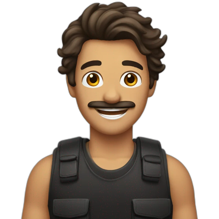 A stereotypical Portuguese young man waving with a big smile, a mustache and a brown mullet, wearing a black t-shirt and a chest vest emoji