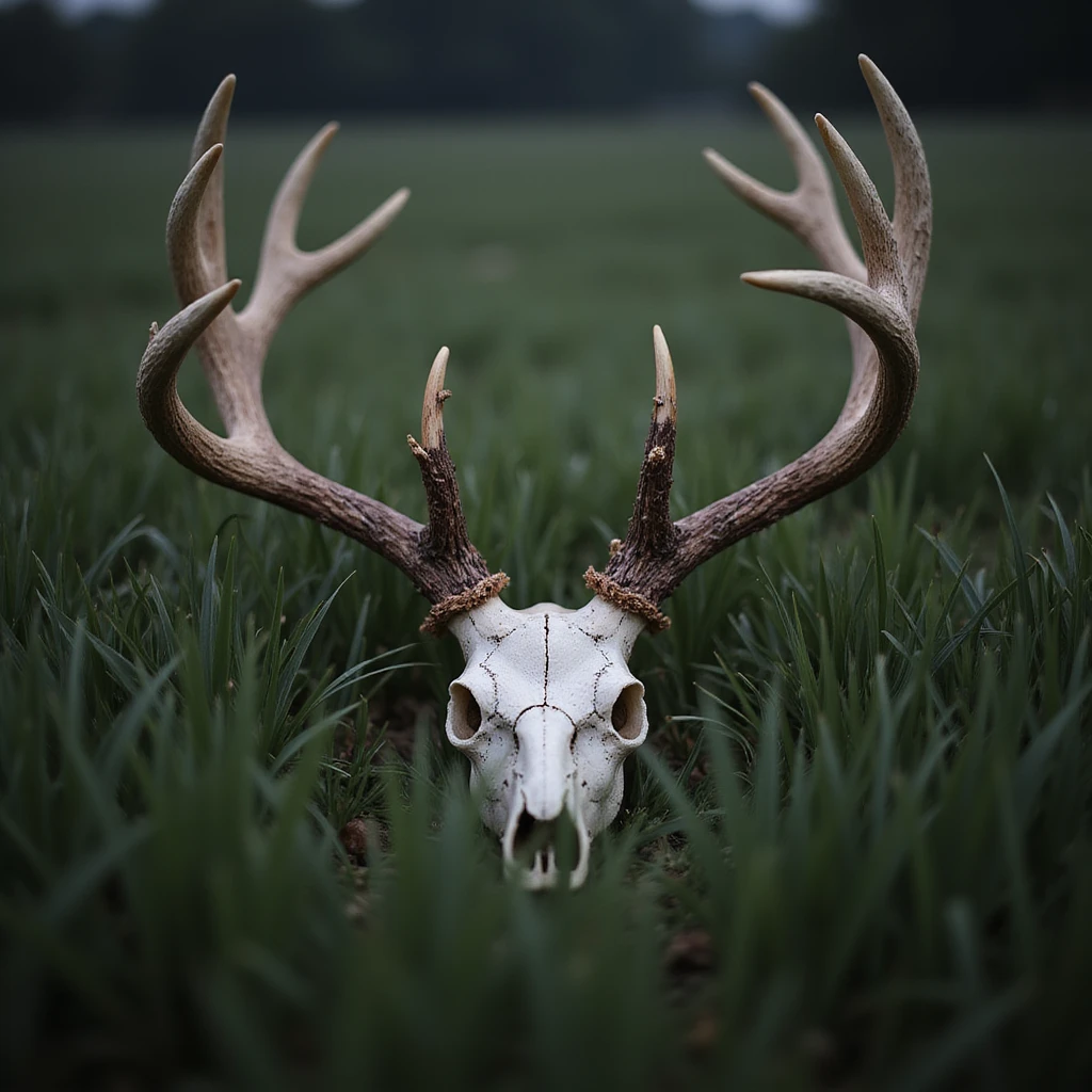 deer skull in tall grass, moody lighting, realistic style emoji