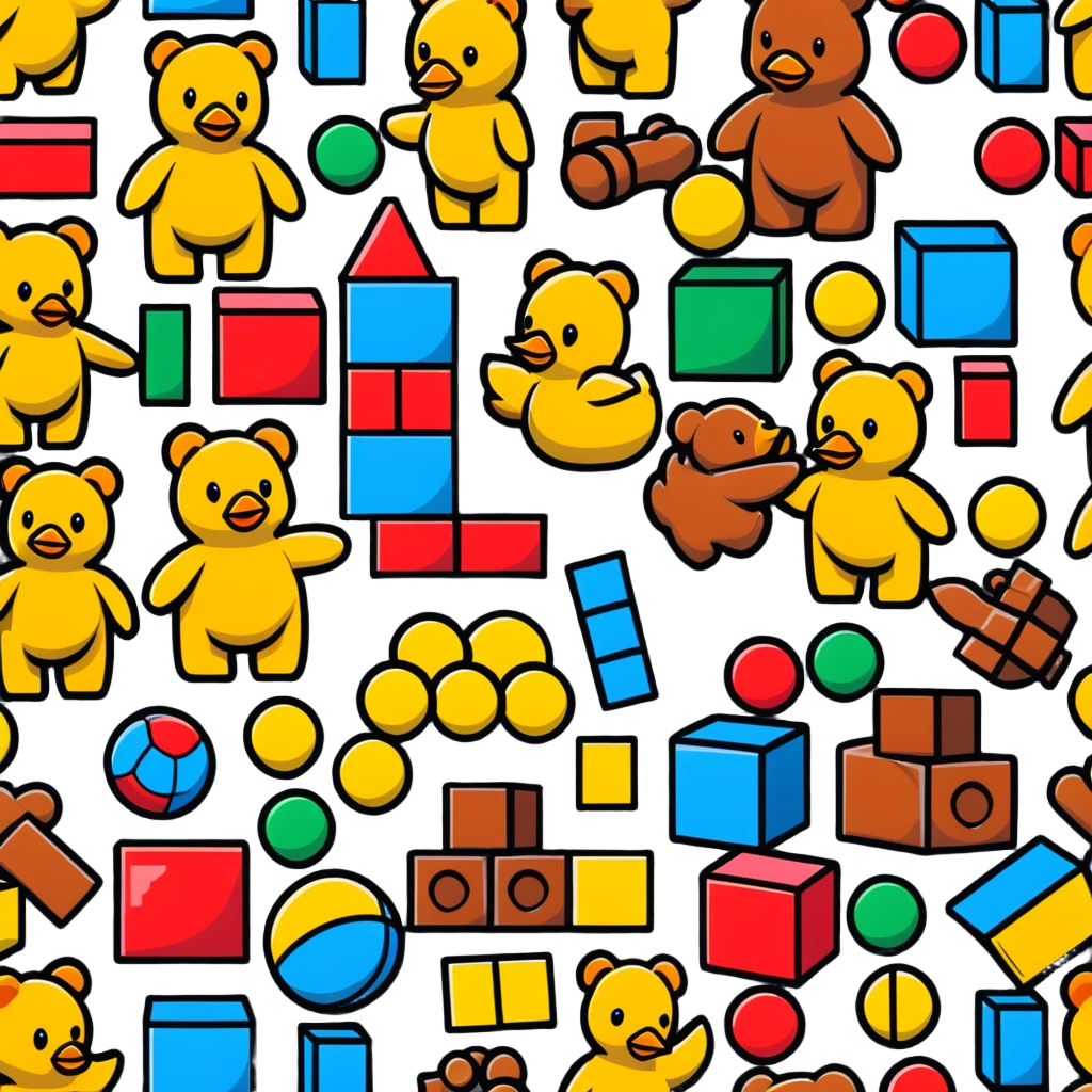 Colorful toys scattered together - teddy bear, rubber duck, toy blocks, ball, and action figures emoji