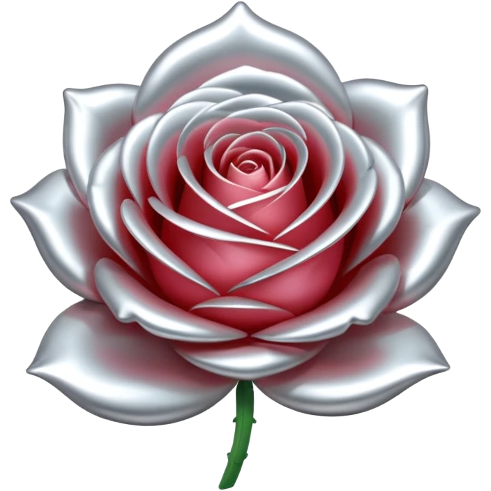 A rose emoji made of liquid silver metal, smooth metallic petals, reflective chrome surface, soft gradients, elegant shape, minimalistic iOS emoji style, centered, clean white background, realistic highlights, no text emoji