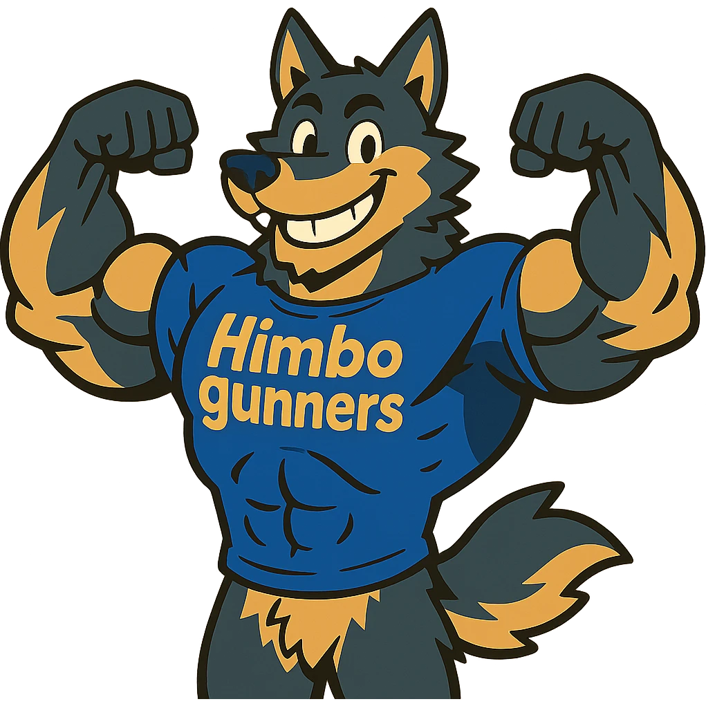 extremely muscular wolf furry with exaggerated muscles, wearing a t-shirt that says 'Himbo gunners', flexing pose, big friendly grin emoji