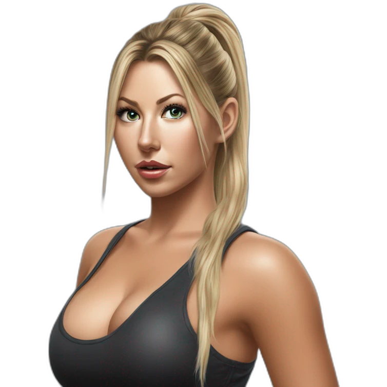 Hyper-realistic painting samantha saint pony tail kneeling pose behind view emoji