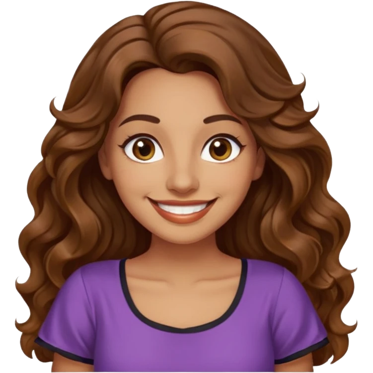 30 yr old italian woman, long brown wavy hair, big brown eyes, huge smile, fancy dress, no bangs, t shirt emoji
