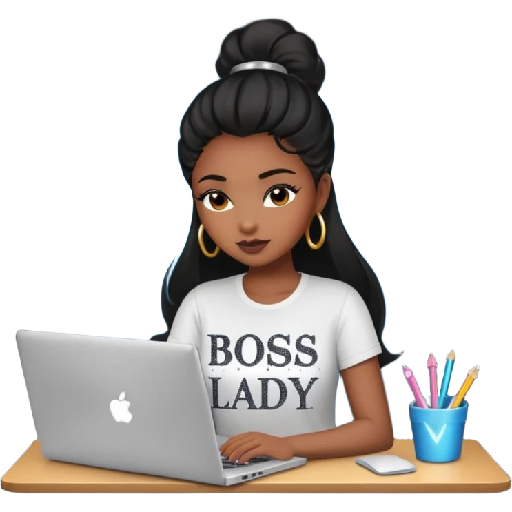 black pretty girl working hard with sparkles on laptop "boss lady" spelled out on shirt emoji
