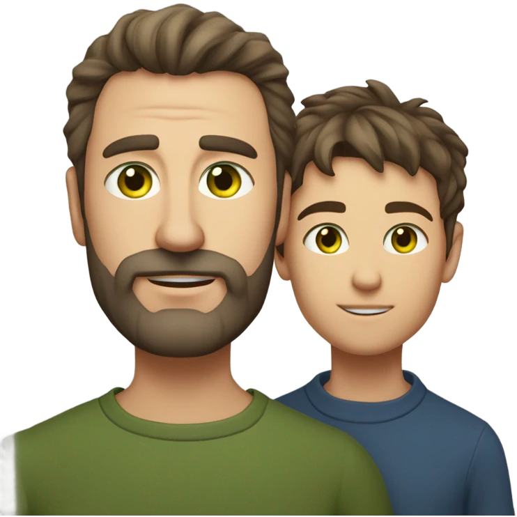Handsome Father 40s green eyes with short full beard with Son 13s light brown eyes tousled bedhead look both has brunette hair light skin close together portrait emoji