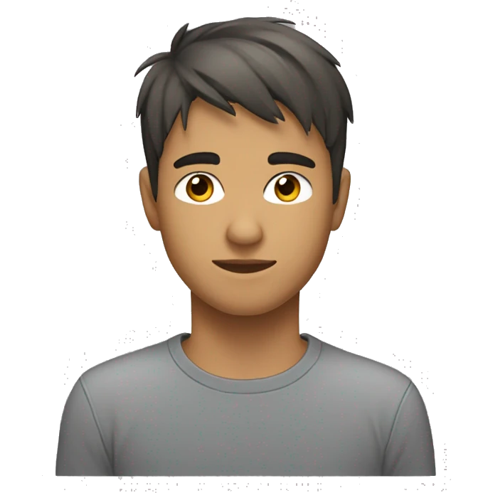 18 year old, male, brunete, short sideways fringe, grey tshirt emoji