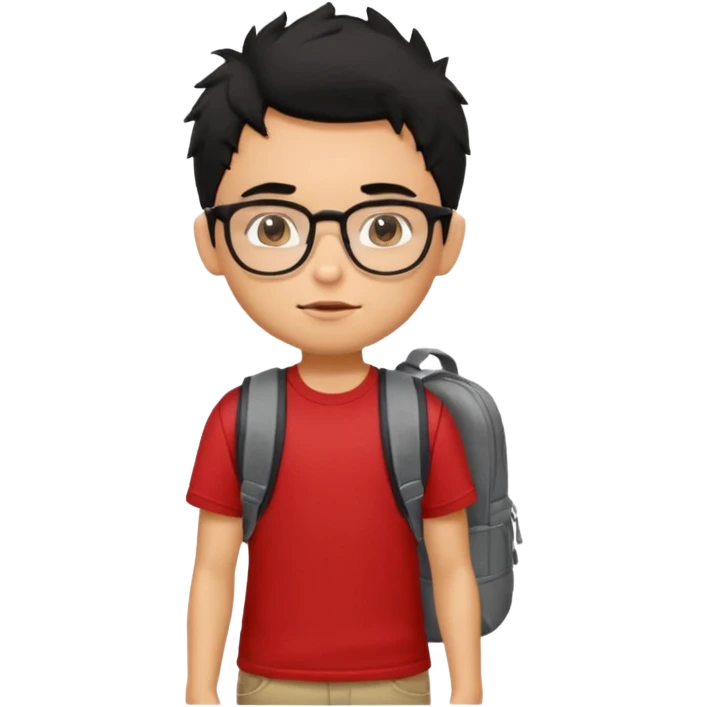 generate a pretty tan bratz boy with glasses and a backpack. black messy hair. wearing a red tshirt. emoji