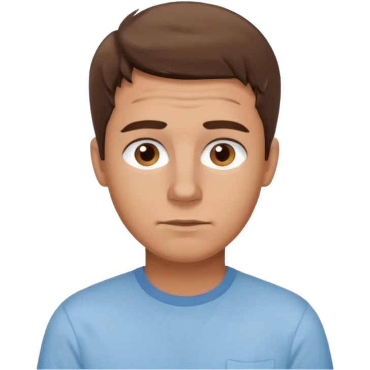 create an emoji of a young man, oval face. No wrinkles. he has an American look, very messy brown hair, brown eyes, very slightly tanned skin, natural lips. he wears a short sleeve light blue shirt emoji