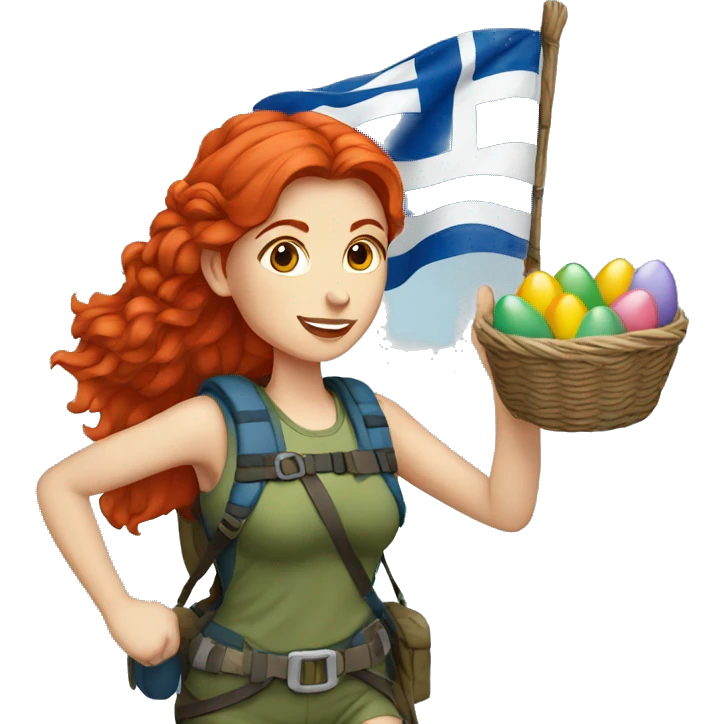 Female mountaineer red hair climbing with Greek flag and holding Easter eggs basket emoji