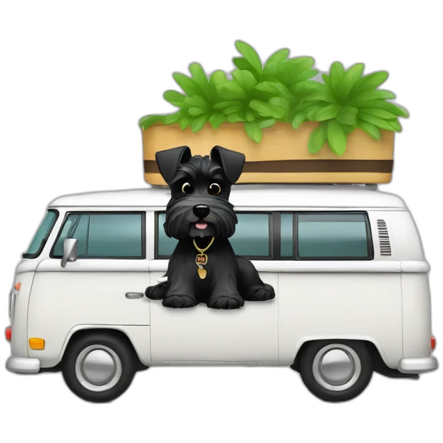 Black Zwergschnauzer in a white VW Bus emoji