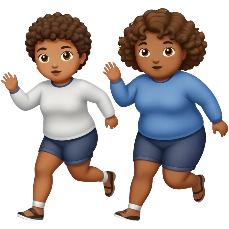 chubby girl with short curly hair and brown skin chasing a skinny boy with waves and brown skin emoji