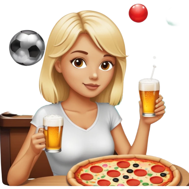 Blond girl eating slice of pizza and drinking beer in sunshine with a disco ball and pool table in the background emoji