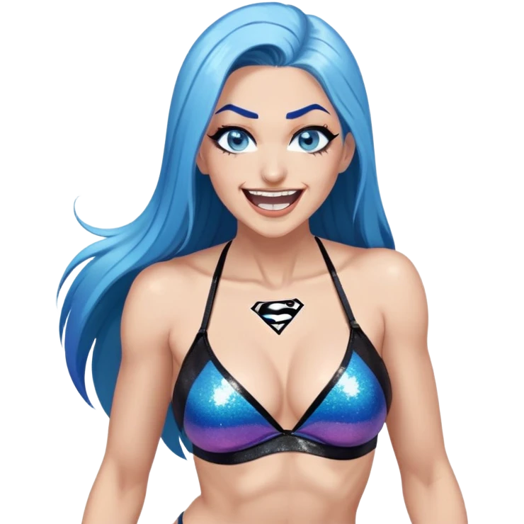 Very tall-very very very large chest-head back laughing-bending-very long straight flat black to sky blue hair ombre-blue eyes-black eyeliner-long eyelashes-iridescent sting bikini top with glitter superman logo-angry emoji