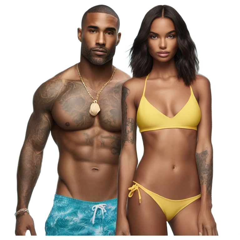 Photo of Victoria secret model by the pool with a tattooed male model  emoji
