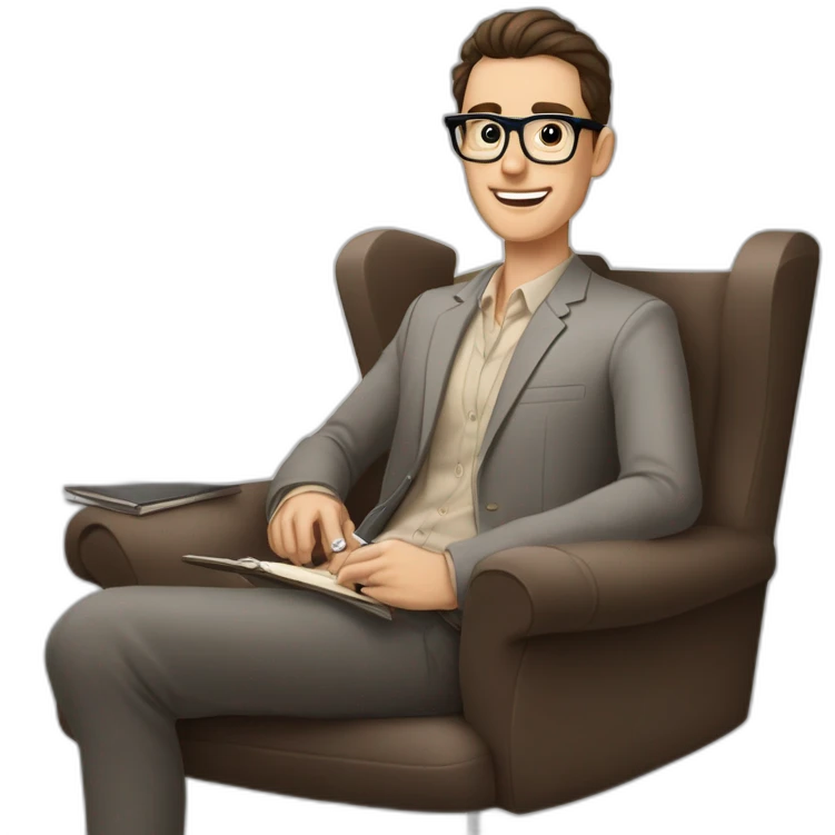 Pale skinned Fit Man With dark brown hair in gray jacket, beige office shirt, Brown pants and vintage glasses sitting In a soft chair with a notebook on spring with emblem Ψ and a pen emoji