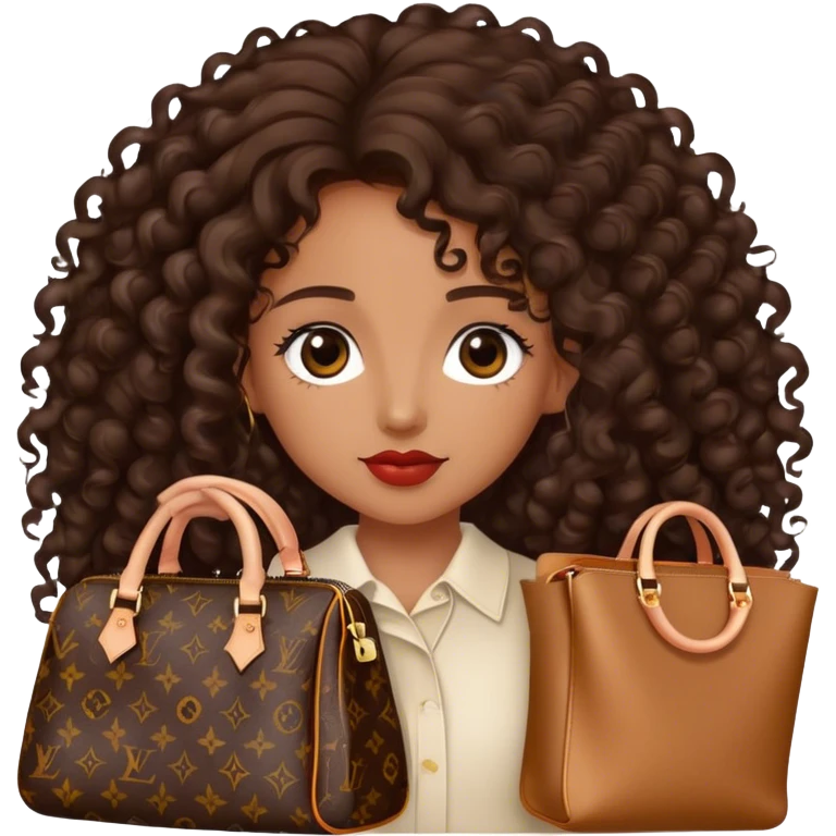 Medium Brown girl with long dark brown long curly hair carrying a Louis Vuitton bag on her arm emoji