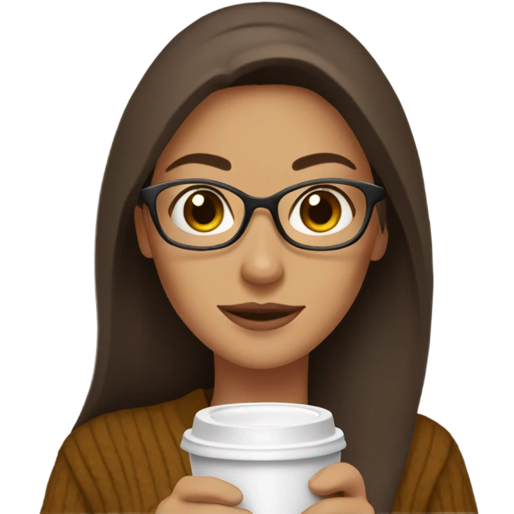 brown long hair brown women sweater brown eyes and small glasses holding coffee emoji