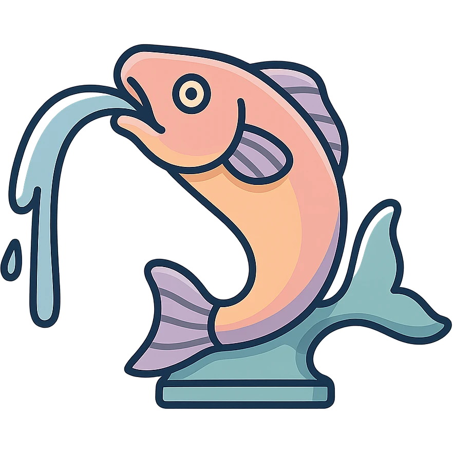slim elongated fountain in the shape of a stretched fish with a water stream flowing from its mouth, eastern style, detailed drawing with shadows and highlights, thin clean contours, soft rounded shapes, pastel palette #98B5BC, #B5B3C1, #C9A3C9, #E4C0CA, #F7DCD1, #F7C0AA, modern Japanese pop art and sticker aesthetics, soft lighting, transparent background, no base or stand emoji