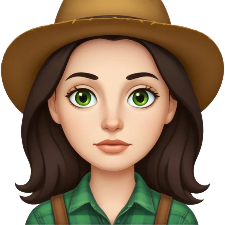 Me  a white woman with long dark brown hair green eyes and thin top lip and big bottom lip and a mole on my left side of my chin very thin eyebrows with a scar on the right eyebrow and a farmer emoji