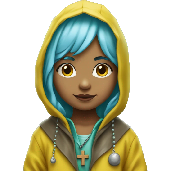 Cute little girl with light blue hair wearing a yellow raincoat hood up with rosary with a cross and green muddy boots emoji