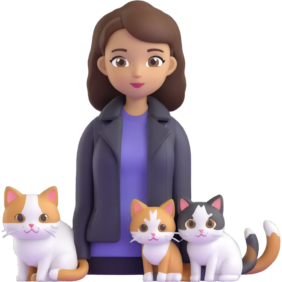 Light-skinned girl with brown straight hair wearing a black jacket, along with one pure white cat and one calico cat emoji