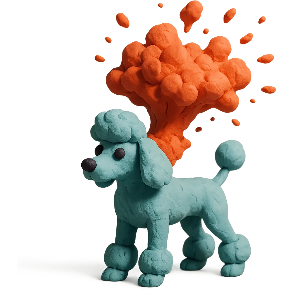 claymation style poodle dog with exploding head emoji