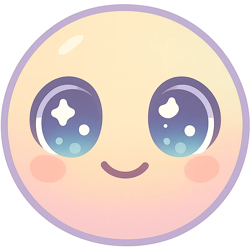 cute emoji, round face, big sparkling eyes, small smile, pastel colors, no background emoji