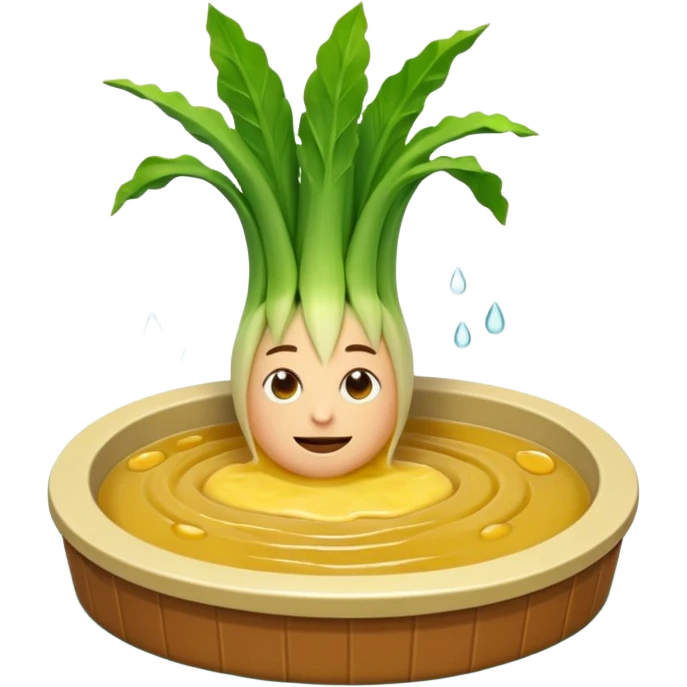 Create a 3D emoji of a relaxed leek in a jacuzzi filled with a slightly lumpy, yellowish-brown sauce emoji