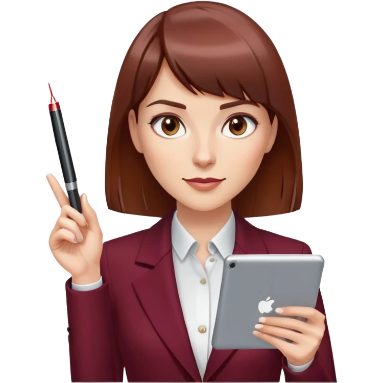 Gender: Female Hair: Sleek chestnut lob cut with blunt bangs Face: Confident smirk, one eyebrow arched higher Clothes: Tailored burgundy blazer, tablet stylus behind ear Action: Laser pointer beam from index finger hitting "Slide 87" emoji