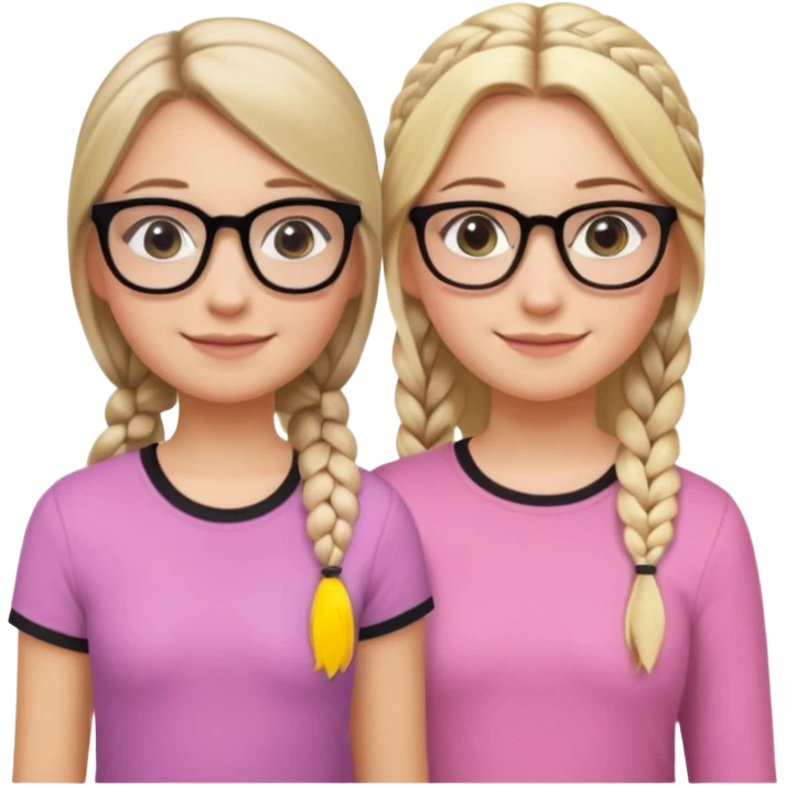 Two girls a taller girl with a black shirt and glasses dirty blonde long hair in a braid and eyeliner, second shorter girl with light blonde shoulder length straight hair with a side part and a pastel pink shirt emoji