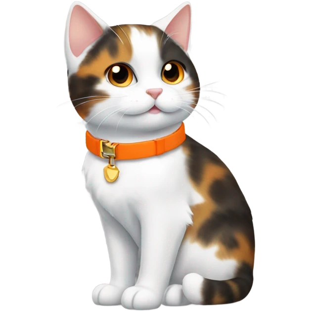happy cute tortoiseshell white cat with orange cat collar full body from half side perspective  emoji