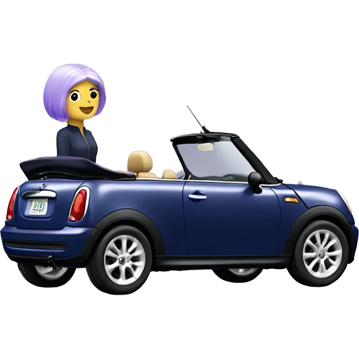 navy blue convertible Mini Cooper, with short, lilac colored haired woman driving - update woman to fair skinned emoji