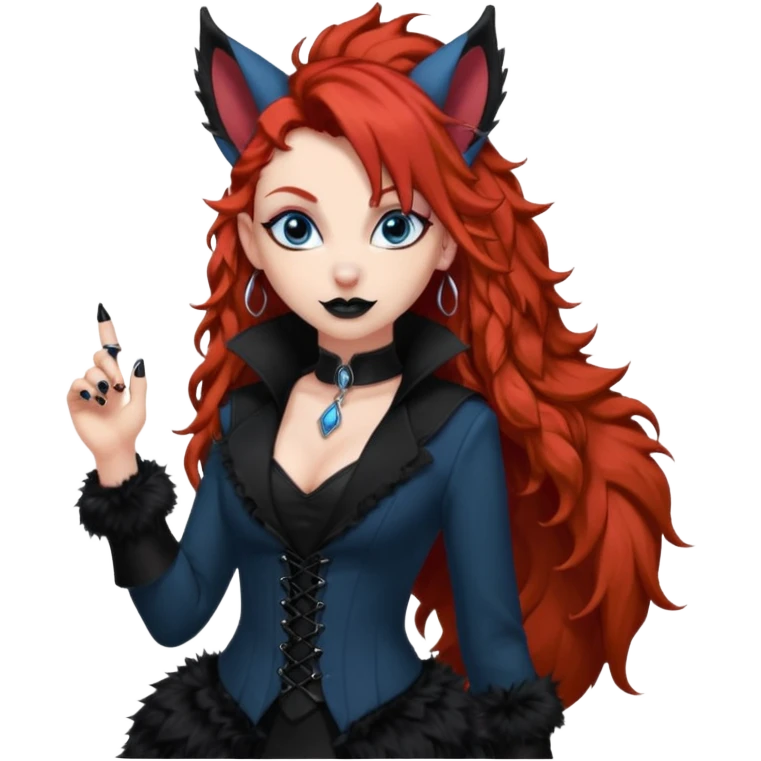  long curly red hair (darker), red pointed ears with black trim, black goth outfits, body and face human, blue eyes, more pointy chin, black lipstick, big fluffy red squirrel tail with black tips, like the attached photo with more outfits and poses,  emoji