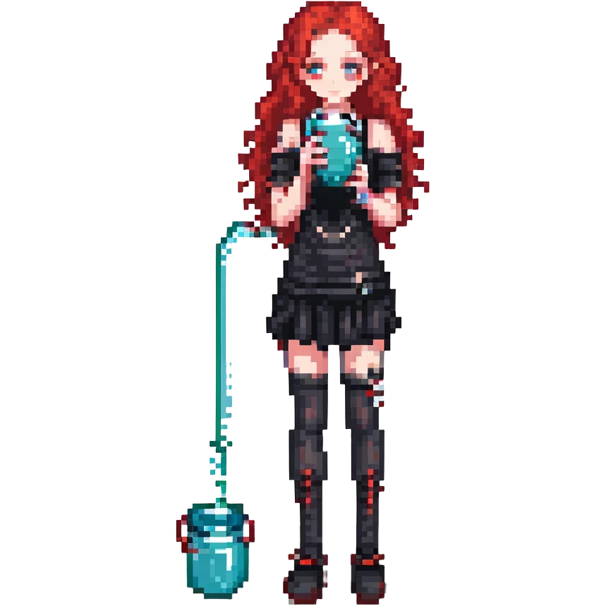 full body goth girl with red curly hair drinking water emoji