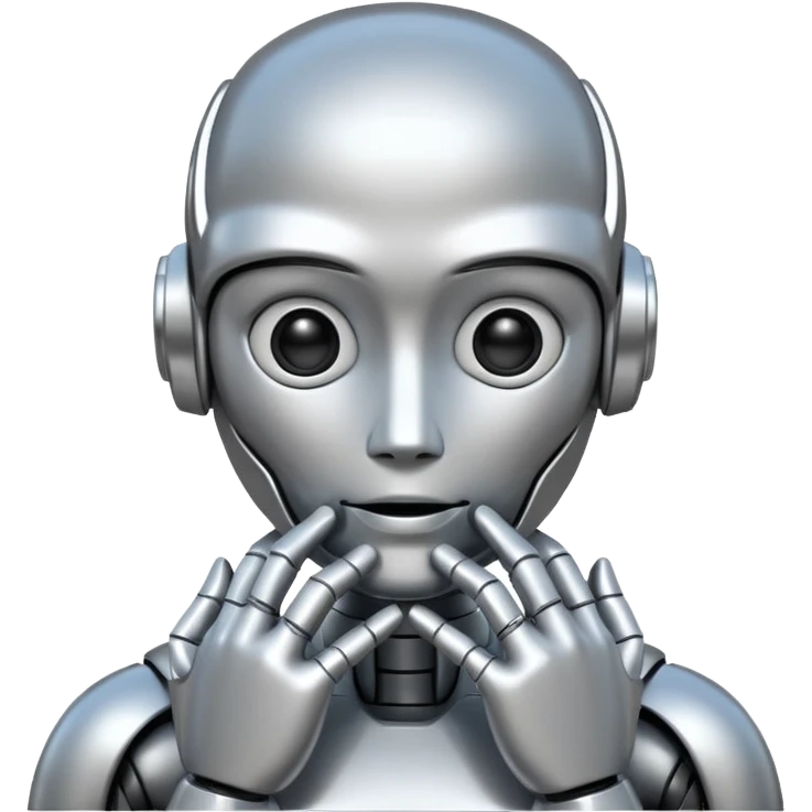 thinking robot, metallic, expressive face, hands on chin, digital background emoji