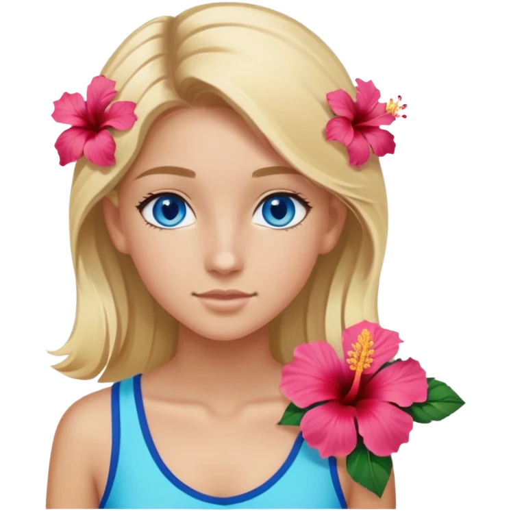 preppy coastal teen girl with blue eyes, beach blonde hair, tan skin, hibiscus flower in her ear, preppy beach outfit emoji
